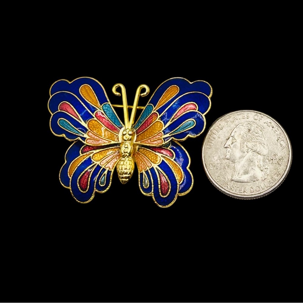 Beautiful Cloisonné Butterfly Brooch Vibrant Enamel on Gold Tone - Picture 7 of 10
